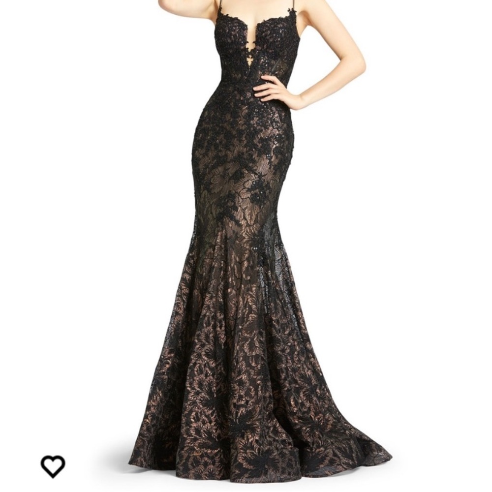 MacDuggal trumpet black lace gown